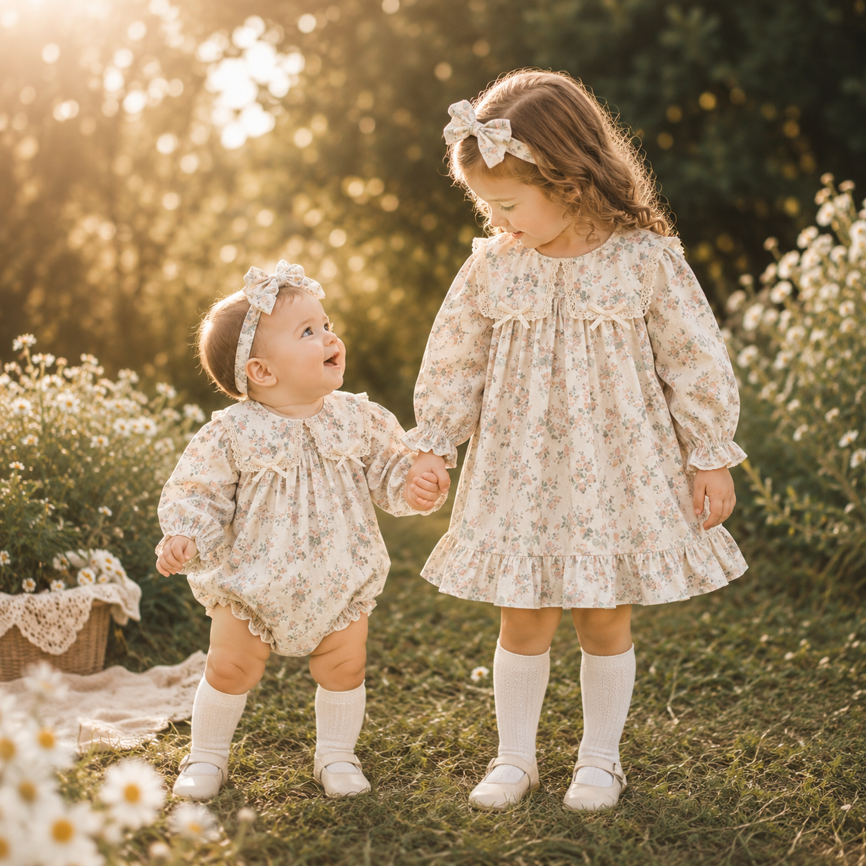 (In Production)Sisters Fall Floral Print Lace Bow Ruffle Dress&Romper