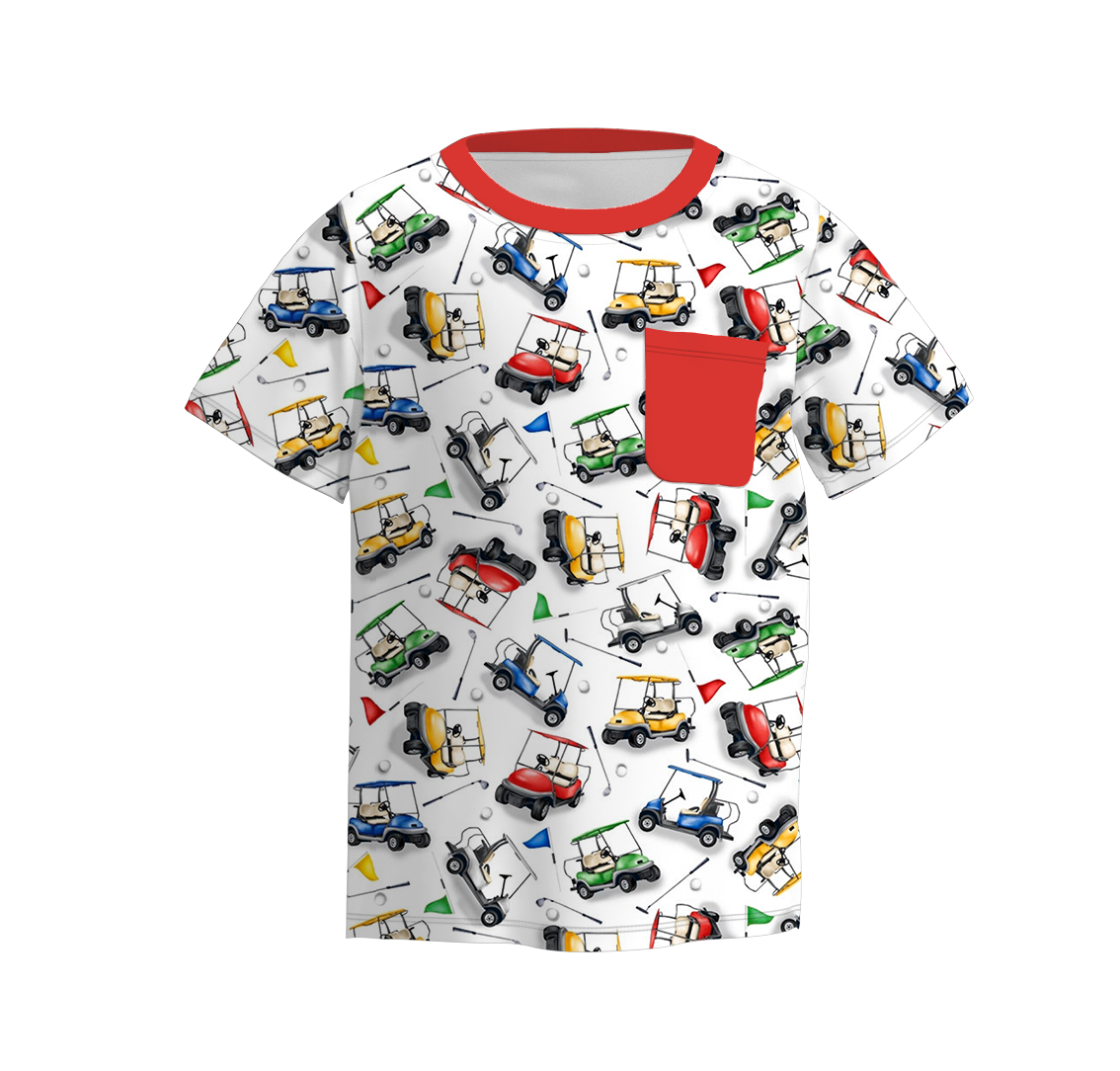 (Pre Order)Boys Summer Golf Fishing Print Short Sleeves Pocket Top