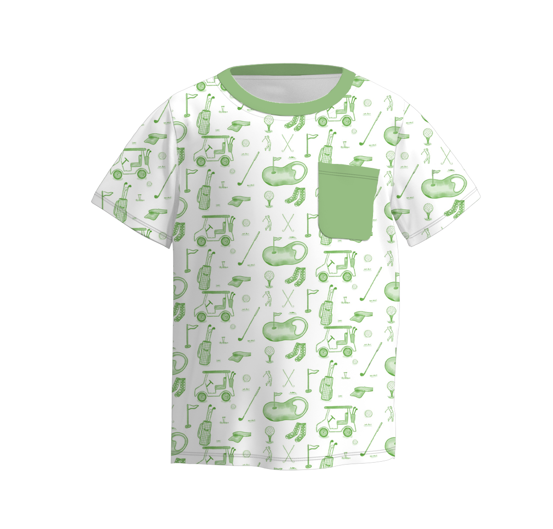 (Pre Order)Boys Summer Golf Fishing Print Short Sleeves Pocket Top