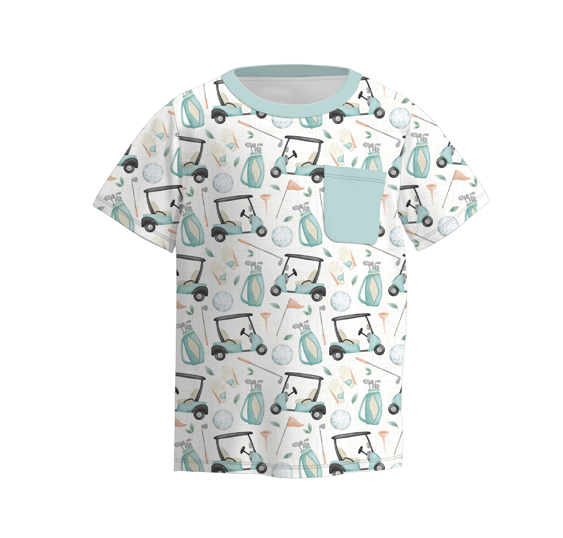 (Pre Order)Boys Summer Golf Fishing Print Short Sleeves Pocket Top