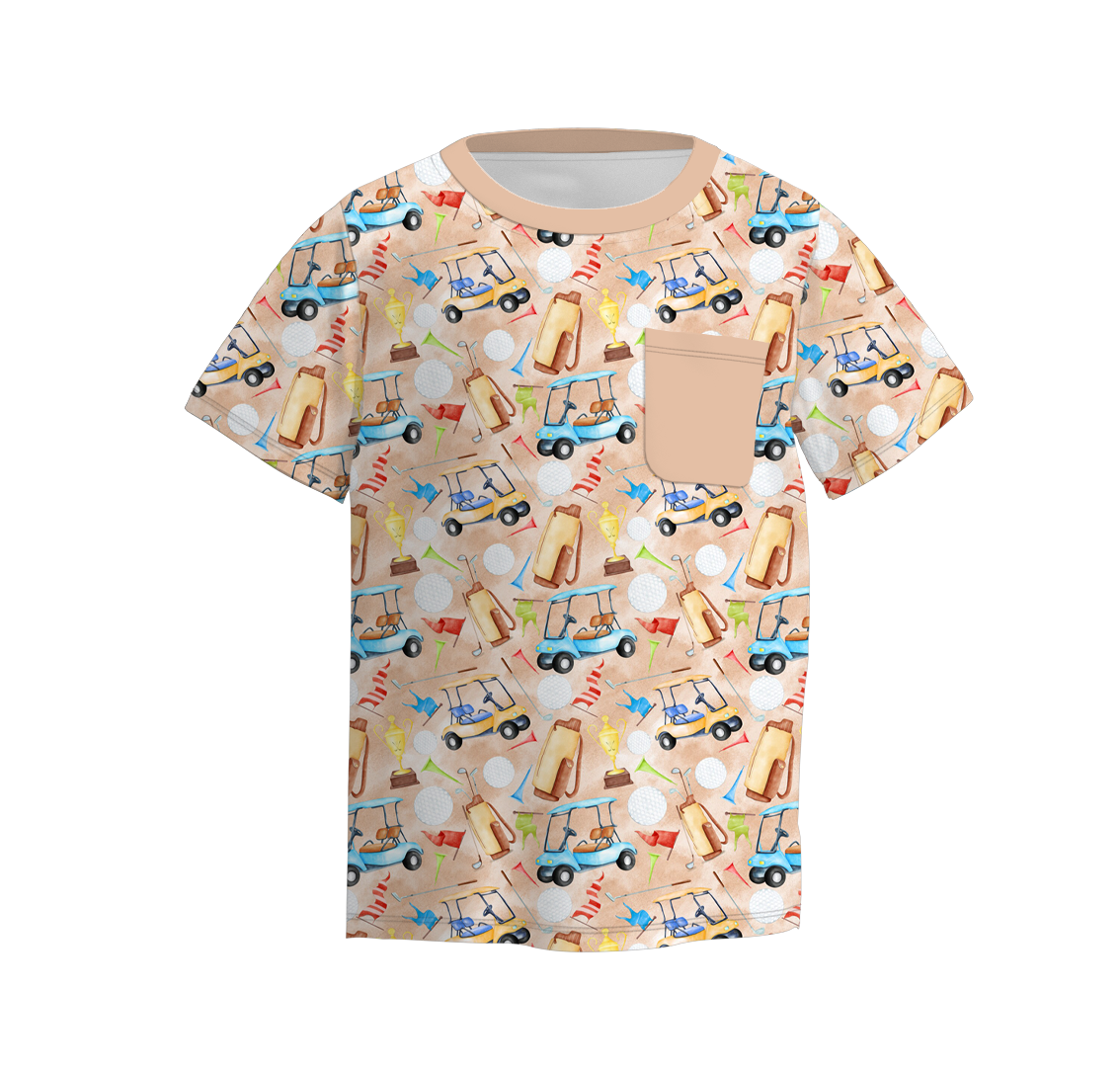 (Pre Order)Boys Summer Golf Fishing Print Short Sleeves Pocket Top