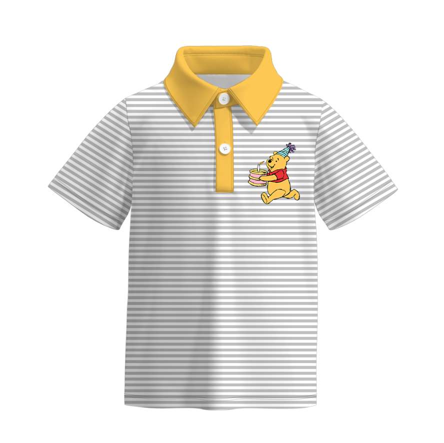 (Pre Order)Boy's Birthday Cartoon Print Stripe Polo T-Shirt