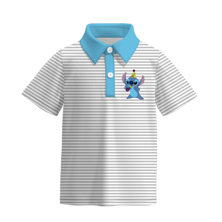 (Pre Order)Boy's Birthday Cartoon Print Stripe Polo T-Shirt