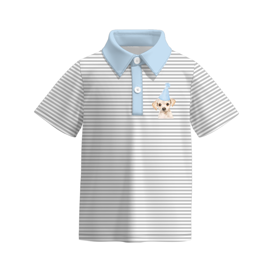 (Pre Order)Boy's Birthday Cartoon Print Stripe Polo T-Shirt