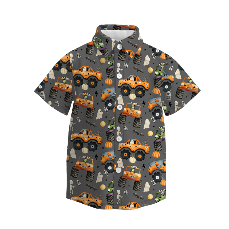 (Pre Order)Boys Halloween Pumpkin Print Four-way Stretch Shirt