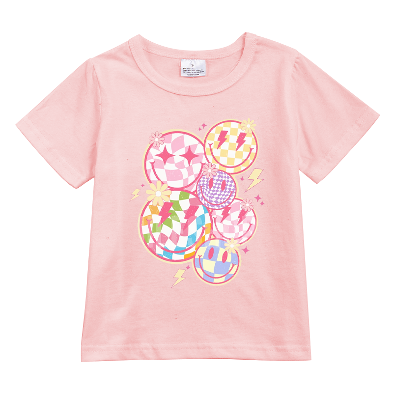 (Pre Order)Cartoon Printed Short Sleeve Pink T-shirt