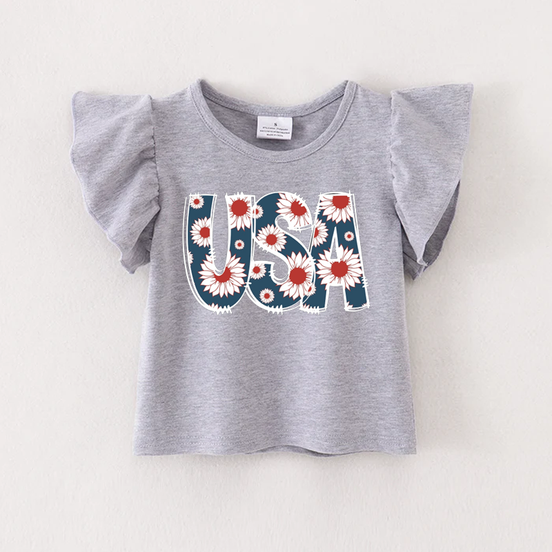 (Pre Order)Patriotic Print Grey Cotton Essential Top
