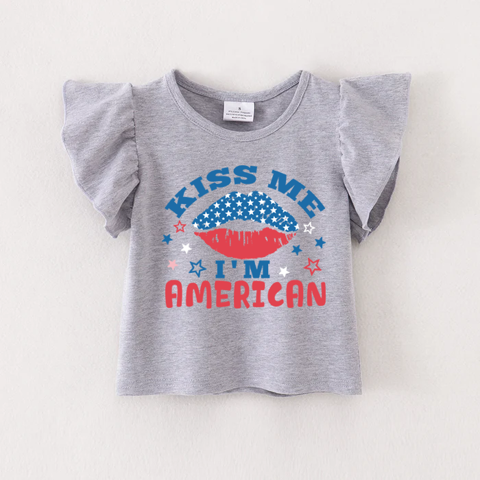(Pre Order)Patriotic Print Grey Cotton Essential Top