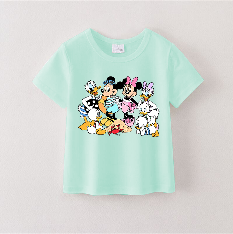 (Pre Order)Summer Girls Cotton Cartoon Print Mint T-shirt