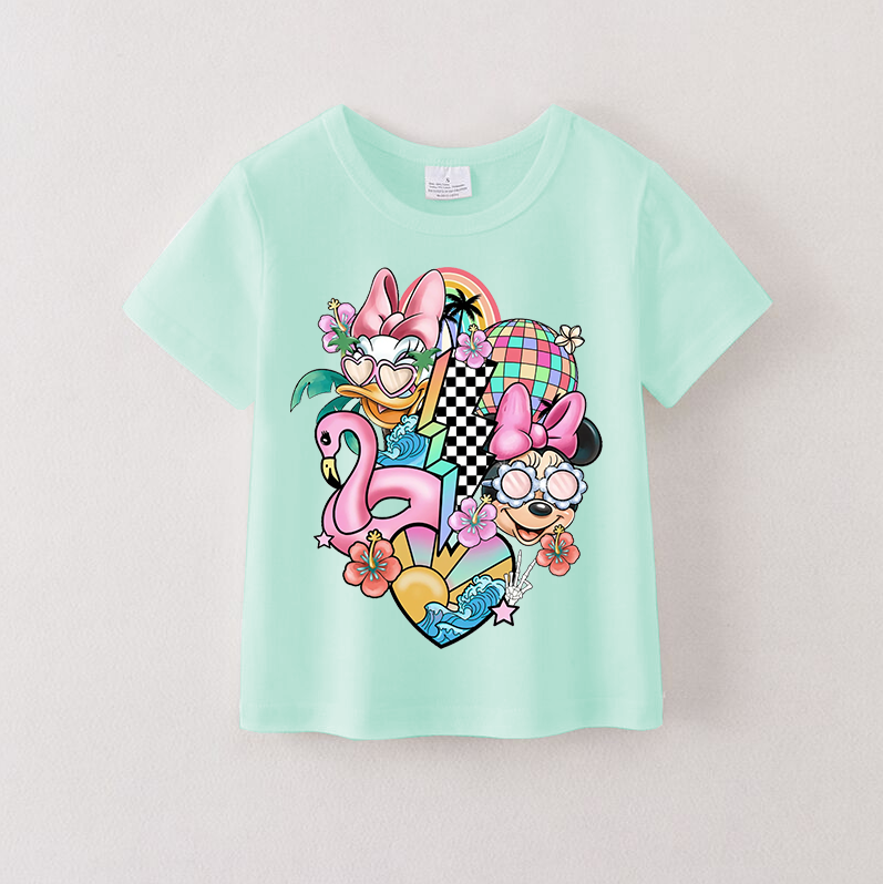 (Pre Order)Summer Girls Cotton Cartoon Print Mint T-shirt