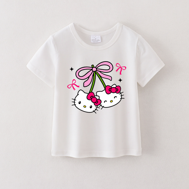 (Pre Order)Summer Girls Cotton Cartoon Print White T-shirt