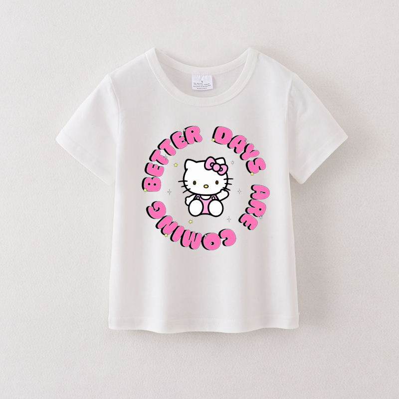 (Pre Order)Summer Girls Cotton Cartoon Print White T-shirt