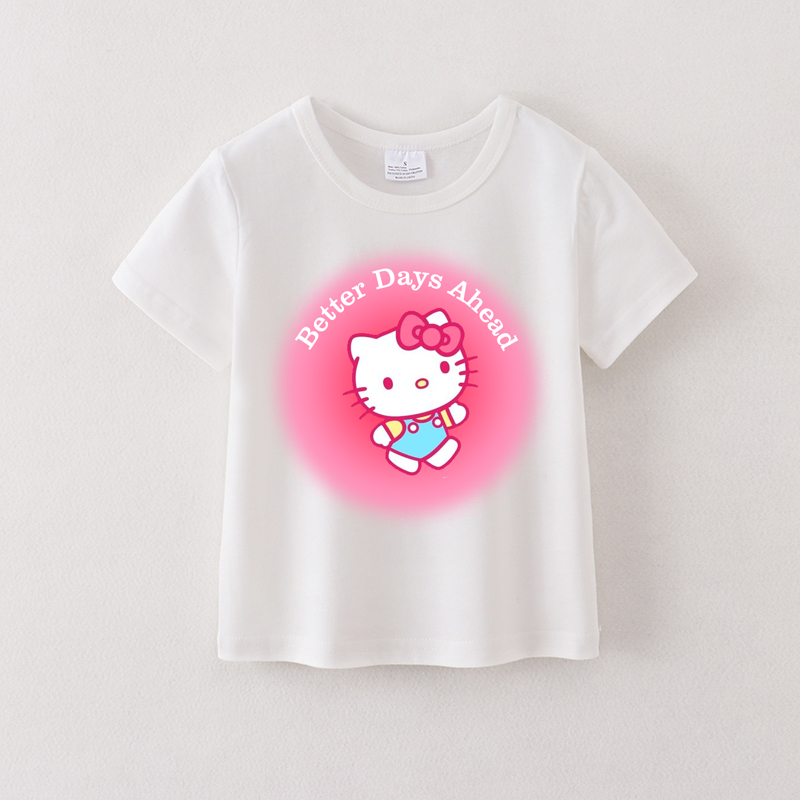 (Pre Order)Summer Girls Cotton Cartoon Print White T-shirt