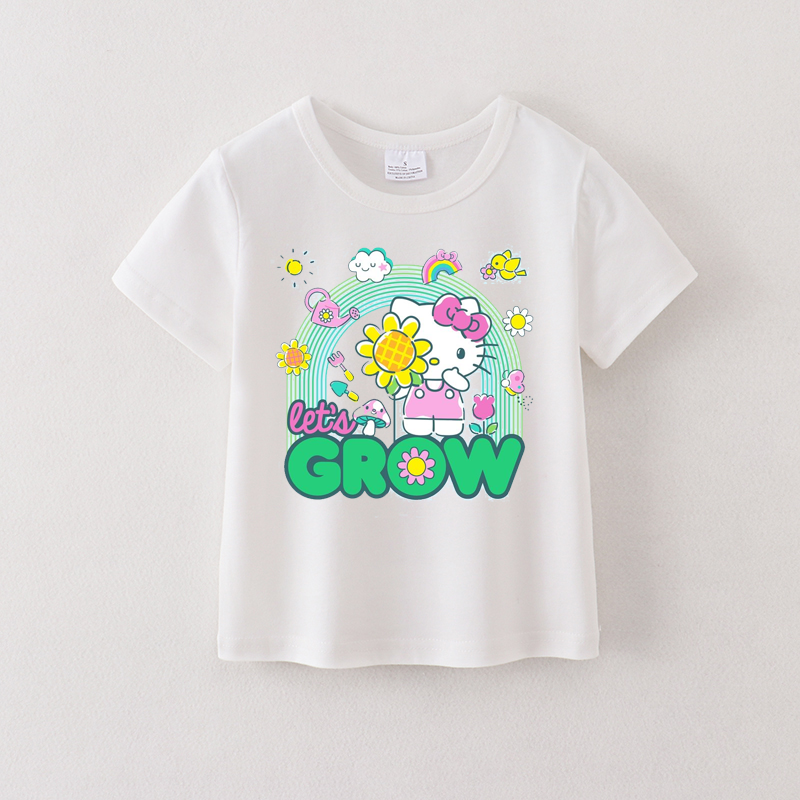 (Pre Order)Summer Girls Cotton Cartoon Print White T-shirt