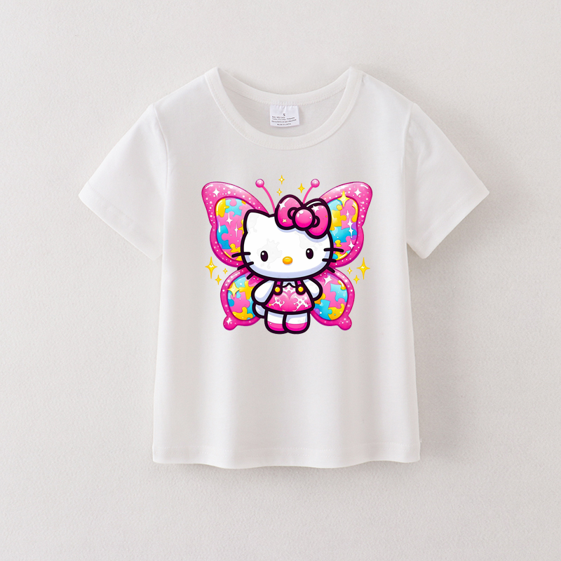(Pre Order)Summer Girls Cotton Cartoon Print White T-shirt