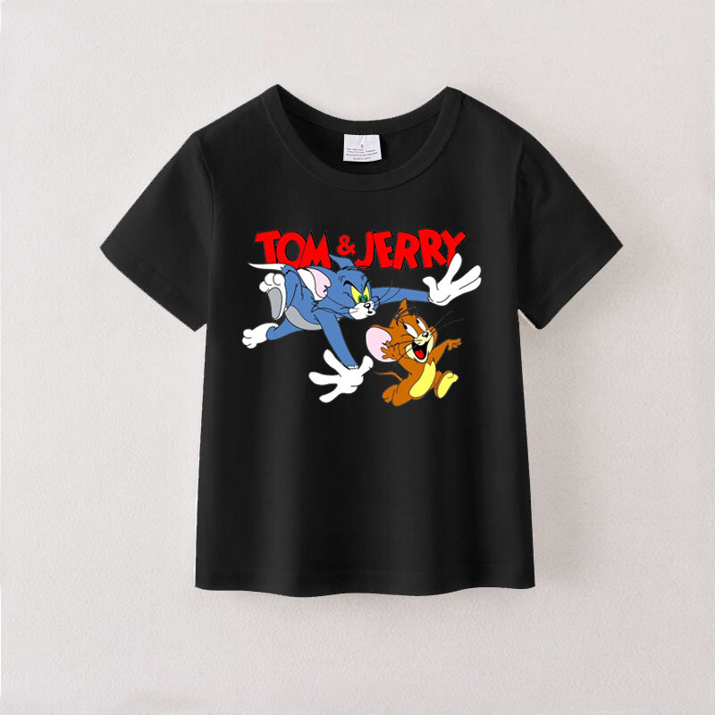 (Pre Order)Summer Girls Black Cotton Cartoon Print T-shirt