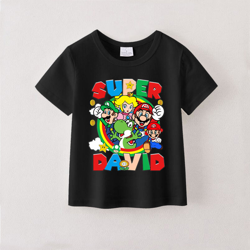 (Pre Order)Summer Girls Black Cotton Cartoon Print T-shirt