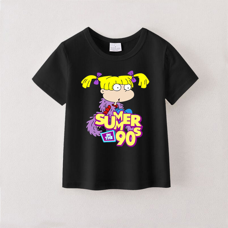 (Pre Order)Summer Girls Black Cotton Cartoon Print T-shirt