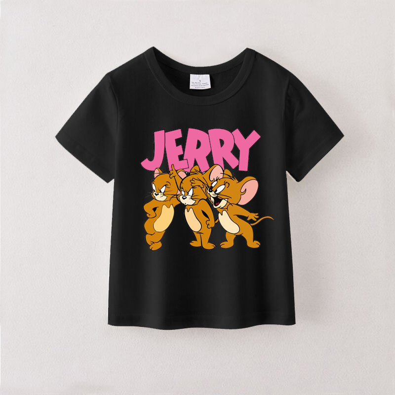 (Pre Order)Summer Girls Black Cotton Cartoon Print T-shirt