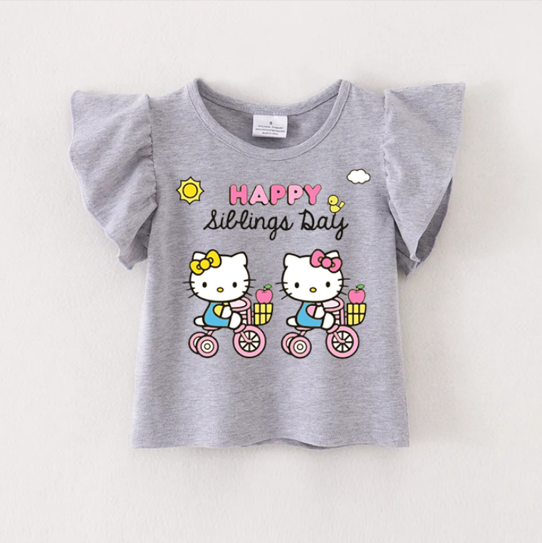 (Pre Order)TS Cartoon Print Grey Cotton Essential Ruffles Top