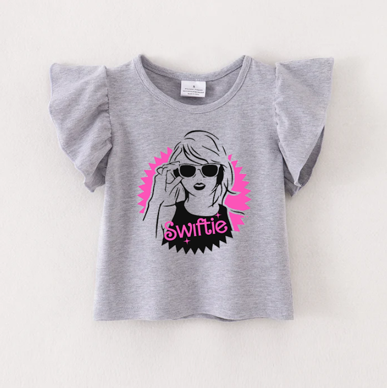 (Pre Order)TS Cartoon Print Grey Cotton Essential Ruffles Top