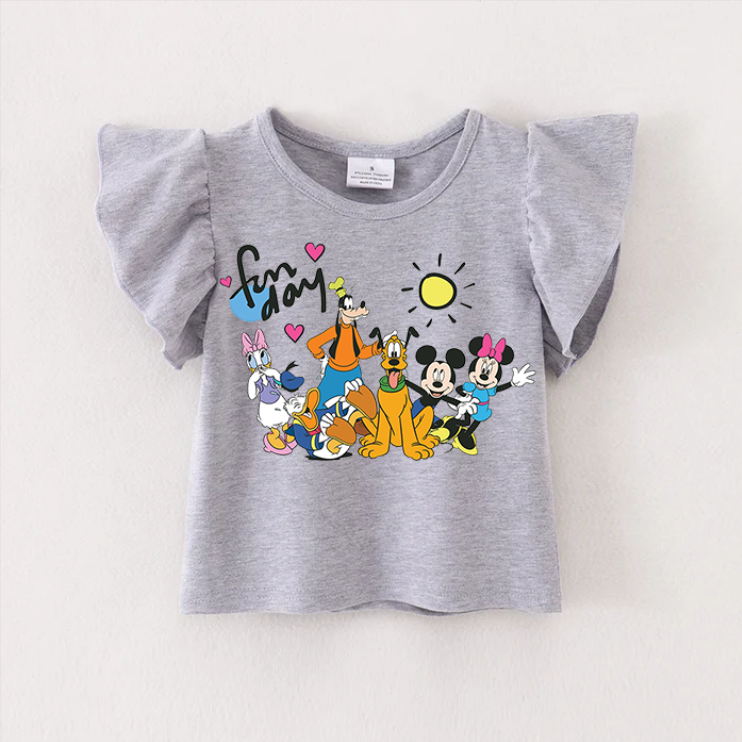 (Pre Order)TS Cartoon Print Grey Cotton Essential Ruffles Top