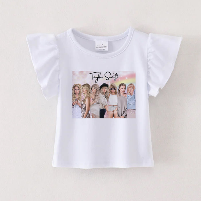 (Pre Order)TS Cartoon Print White Cotton Essential Ruffles Top