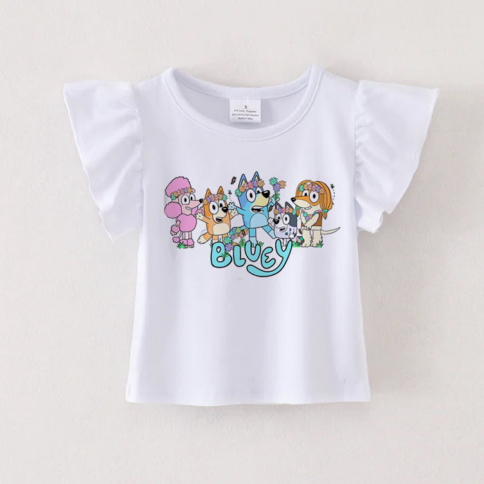 (Pre Order)TS Cartoon Print White Cotton Essential Ruffles Top