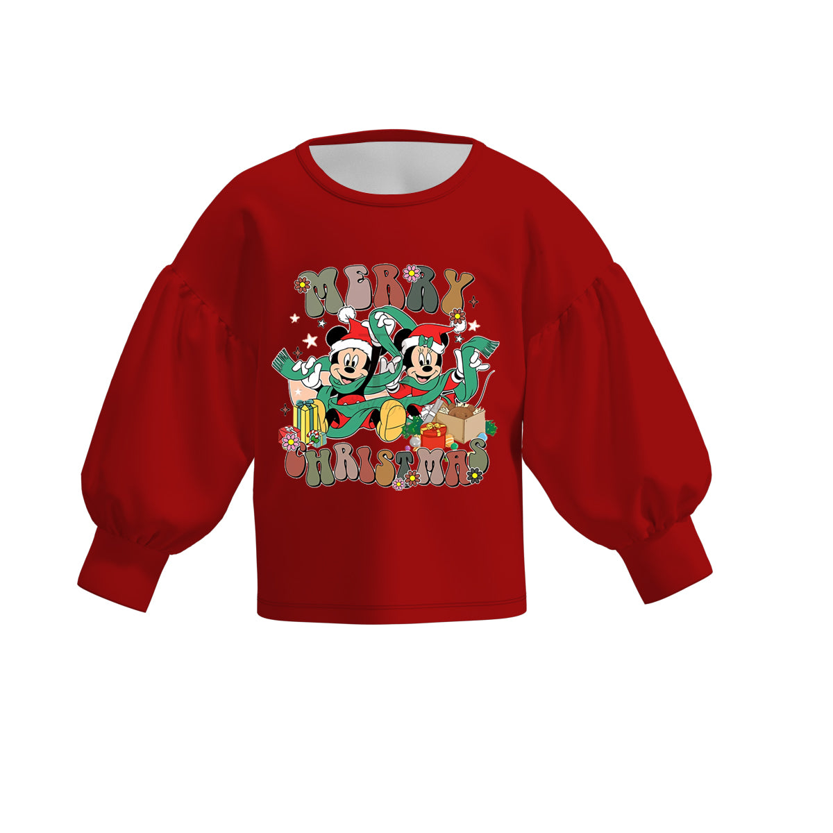 (Pre Order)Girls Christmas Print Puff Sleeve Top