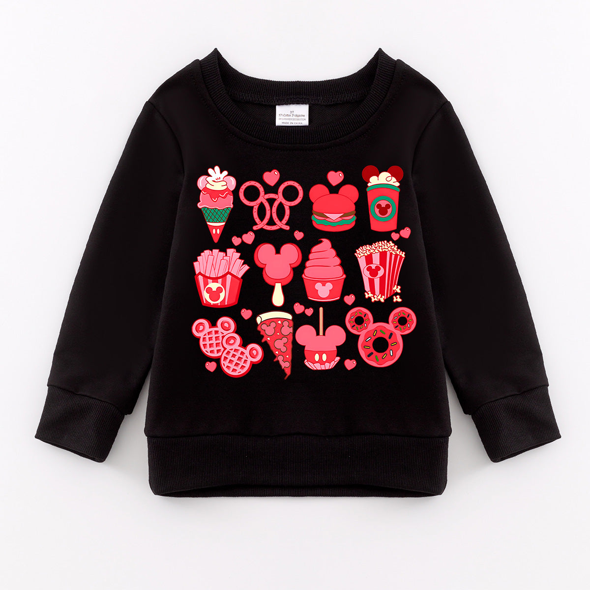(Pre Order)Girls Valentine's Day Cartoon Print Black Sweatshirt