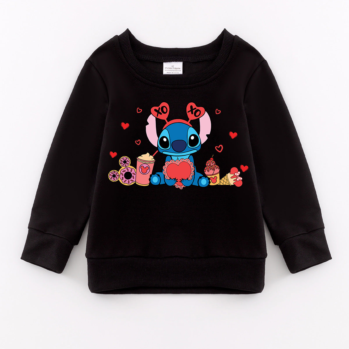 (Pre Order)Girls Valentine's Day Cartoon Print Black Sweatshirt