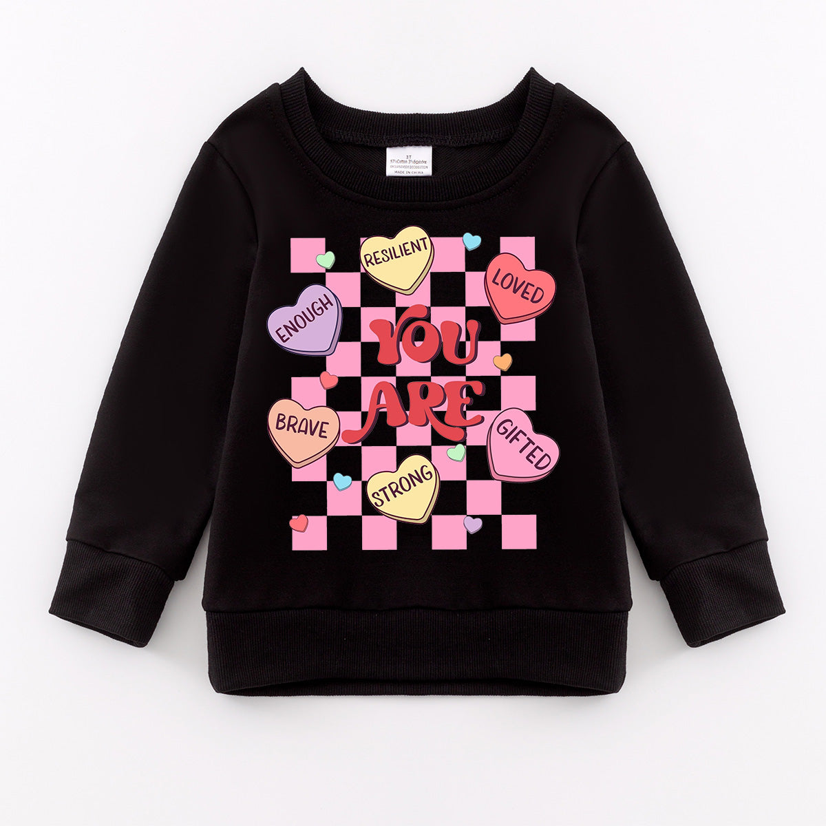 (Pre Order)Girls Valentine's Day Cartoon Print Black Sweatshirt