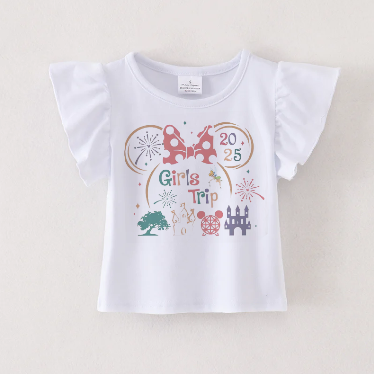 (Pre Order)Girls Spring and Summer Cartoon Print Ruffled Top