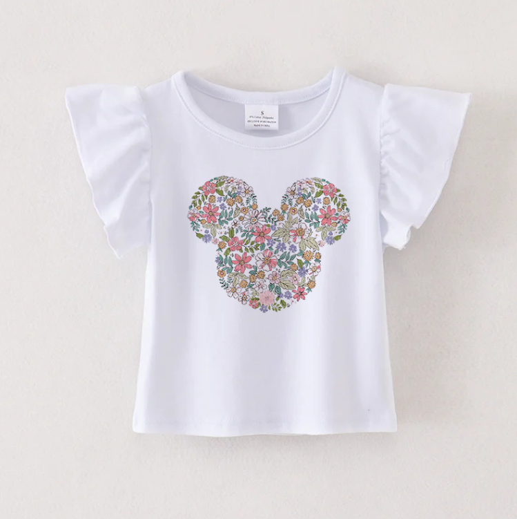 (Pre Order)Girls Spring and Summer Cartoon Print Ruffled Top