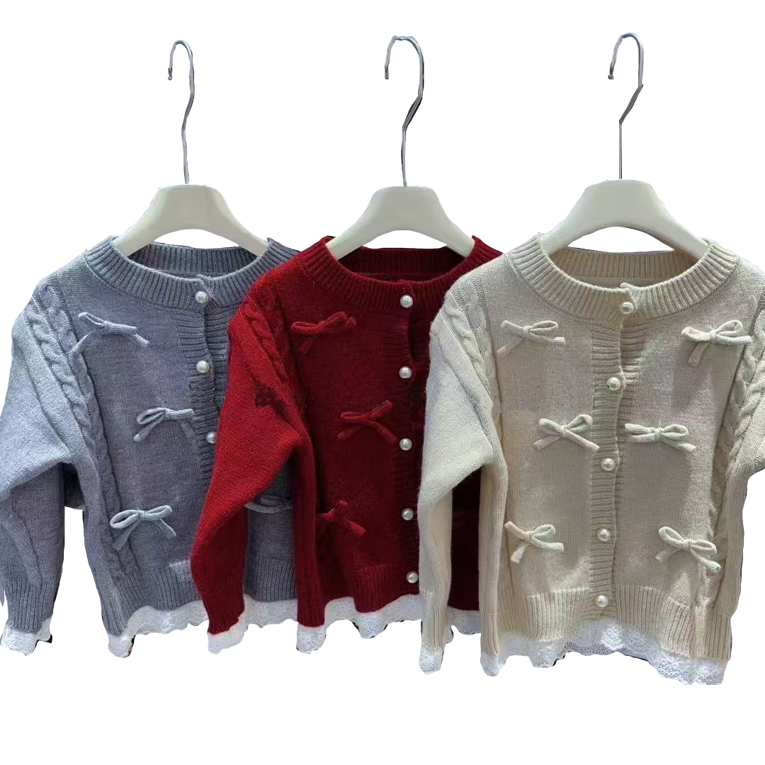 (Prepack Zone)Girls Fall&Winter Bow Lace Sweater Cardigan