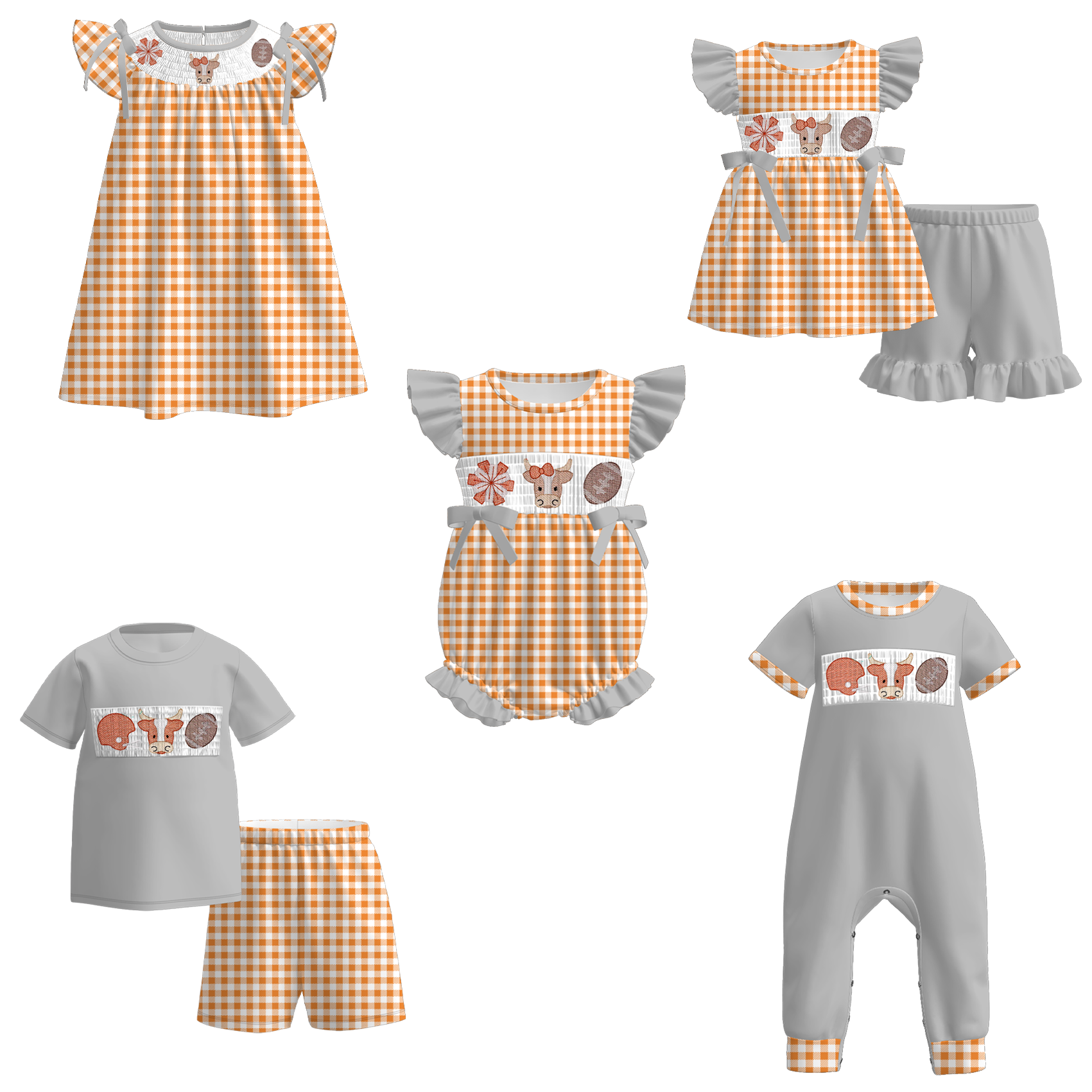 (Pre Order)Family Football Texas Embroidery Smocked Dress,Set&Romper