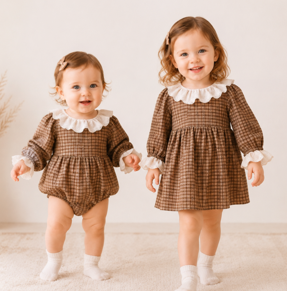 (In Production)Sisters Fall Plaid Lace Ruffle Dress&Romper