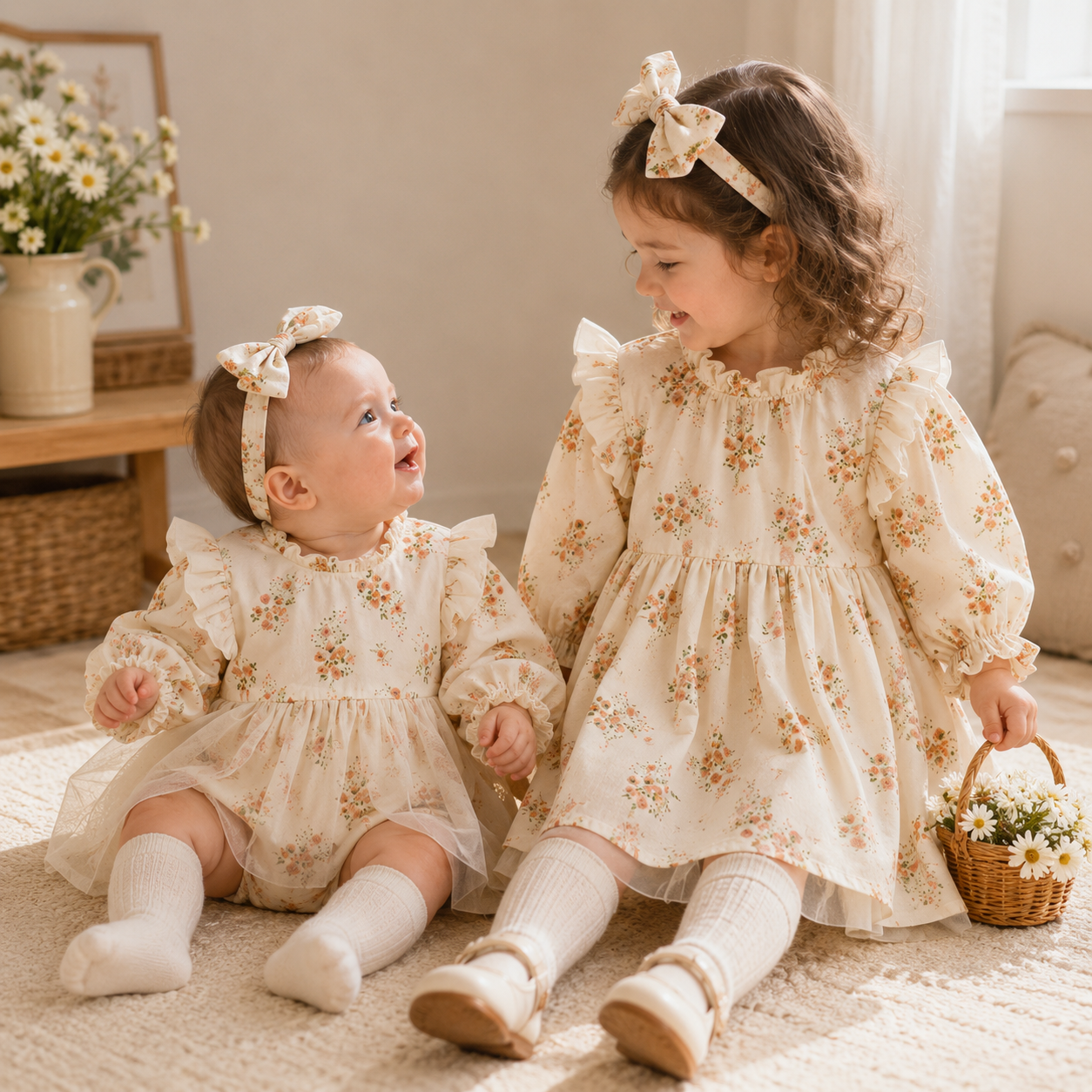 (In Production)Sisters Fall Floral Print Lace Ruffle Dress&Romper