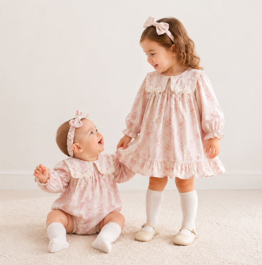 (In Production)Sisters Fall Floral Print Lace Bow Ruffle Dress&Romper