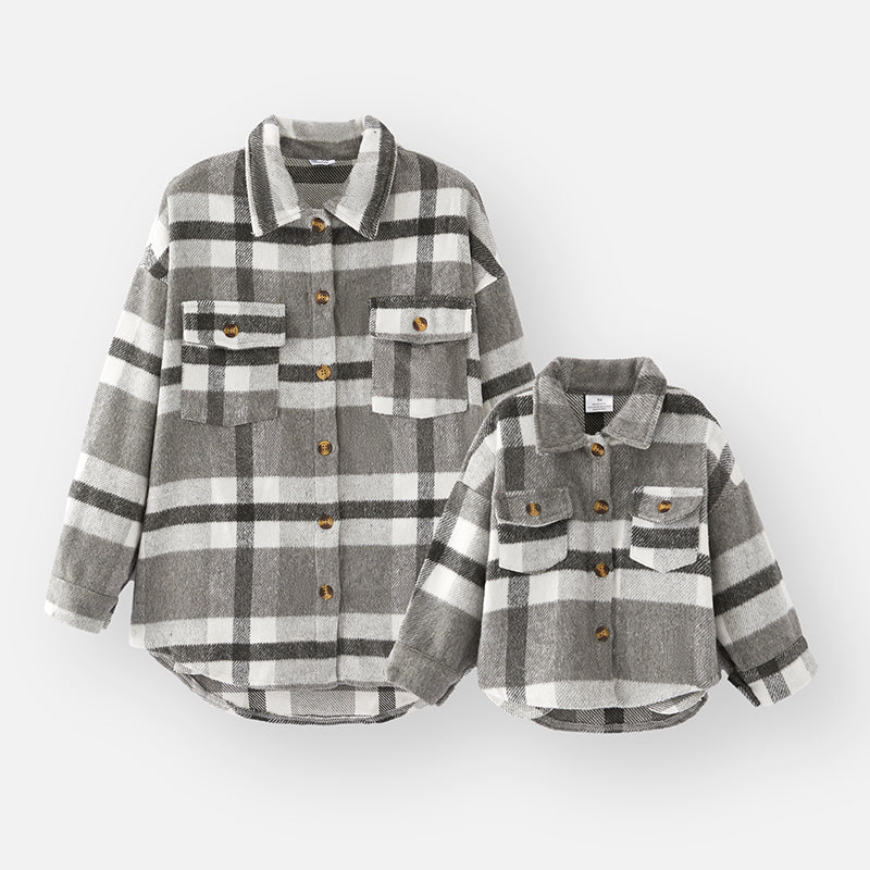 (In Stock L18-2-2 L18-1-2)Mommy and Me Fall Grey Plaid Shirt