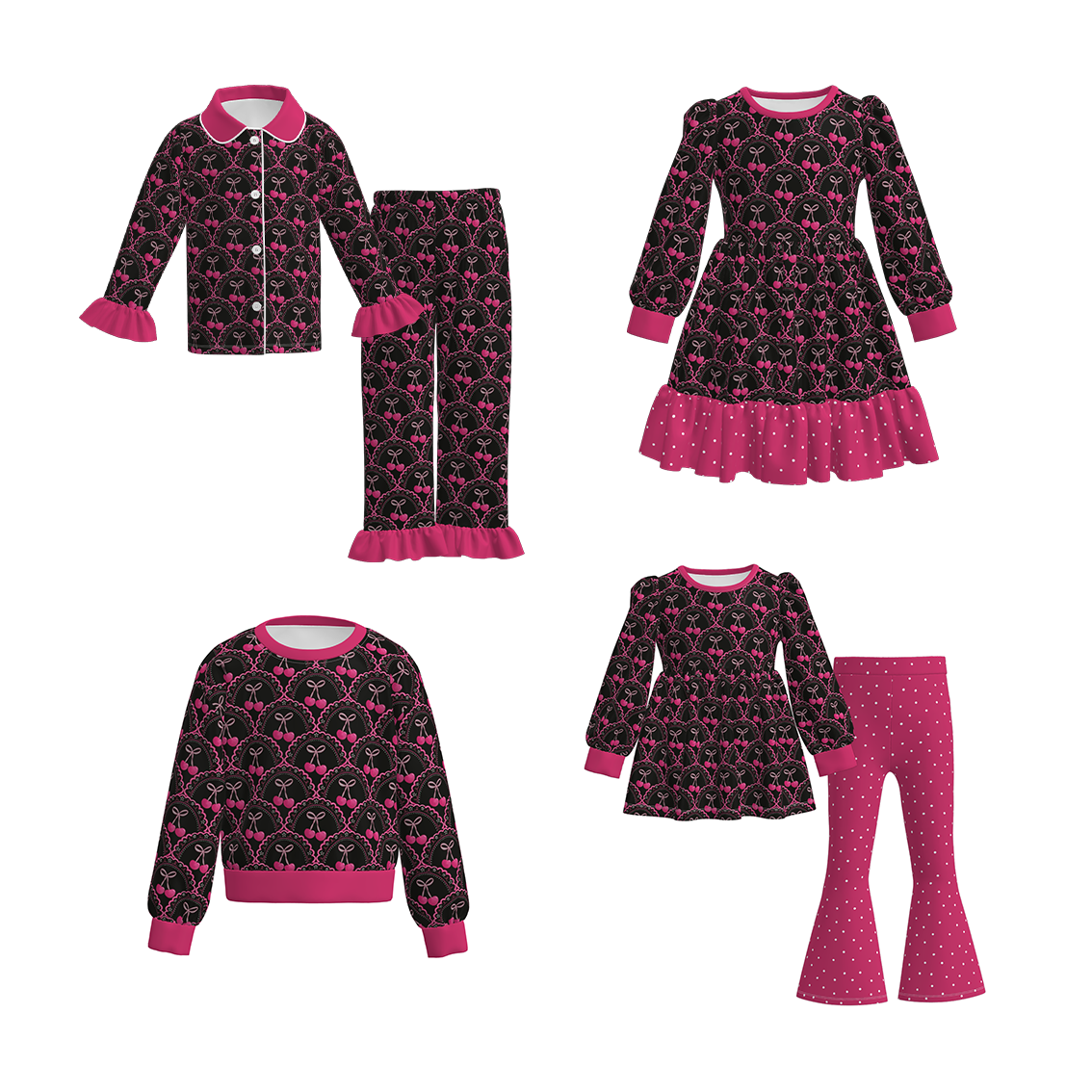 (Pre Order)Girls Valentine's Day Cherry Print Dress,Set&Top