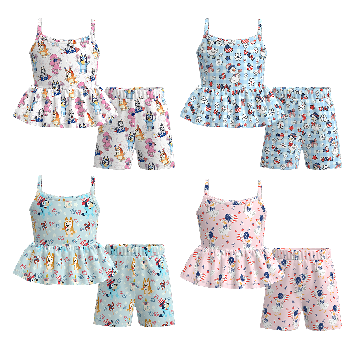 (Pre Order+Prepack Zone)Girls Summer Patriotic Cartoon Print Shorts Set