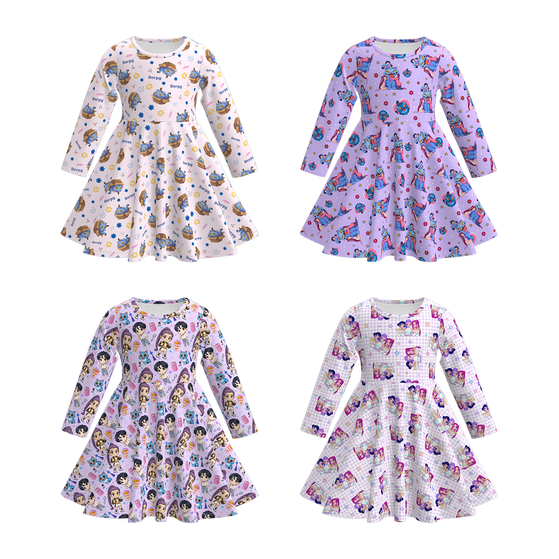 (Pre Order)Girls Movie Character Print Long Sleeves Dress