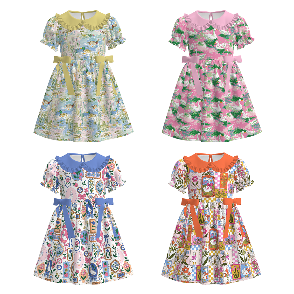 (Pre Order)Girls Spring&Summer Goose Print Doll Collar Dress