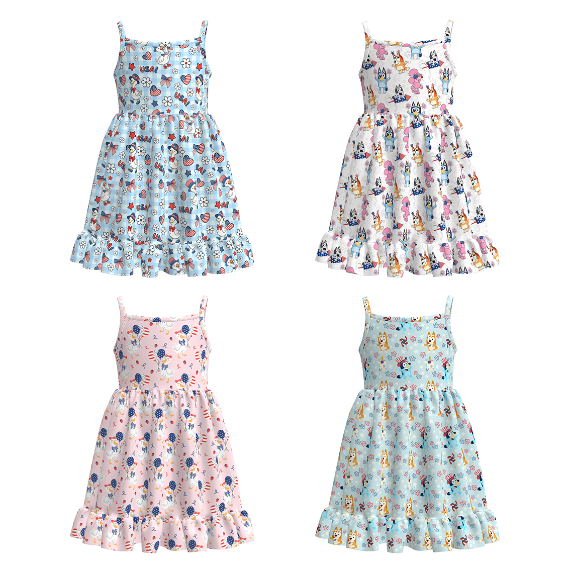 (Pre Order+Prepack Zone)Girls Summer Patriotic Cartoon Print Slip Dress