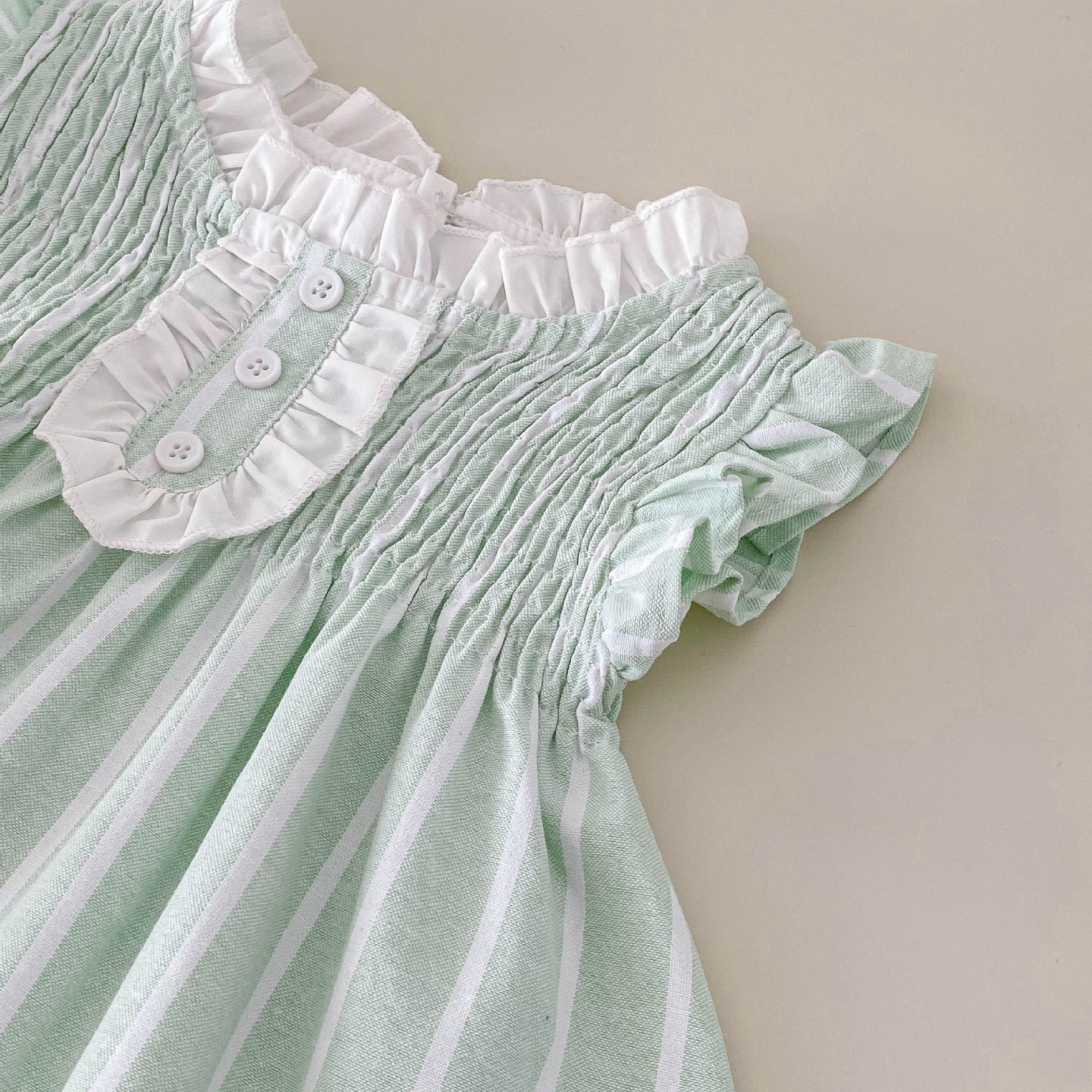 (In Production)Girls Spring and Summer Mint Smocked Stripe Dress