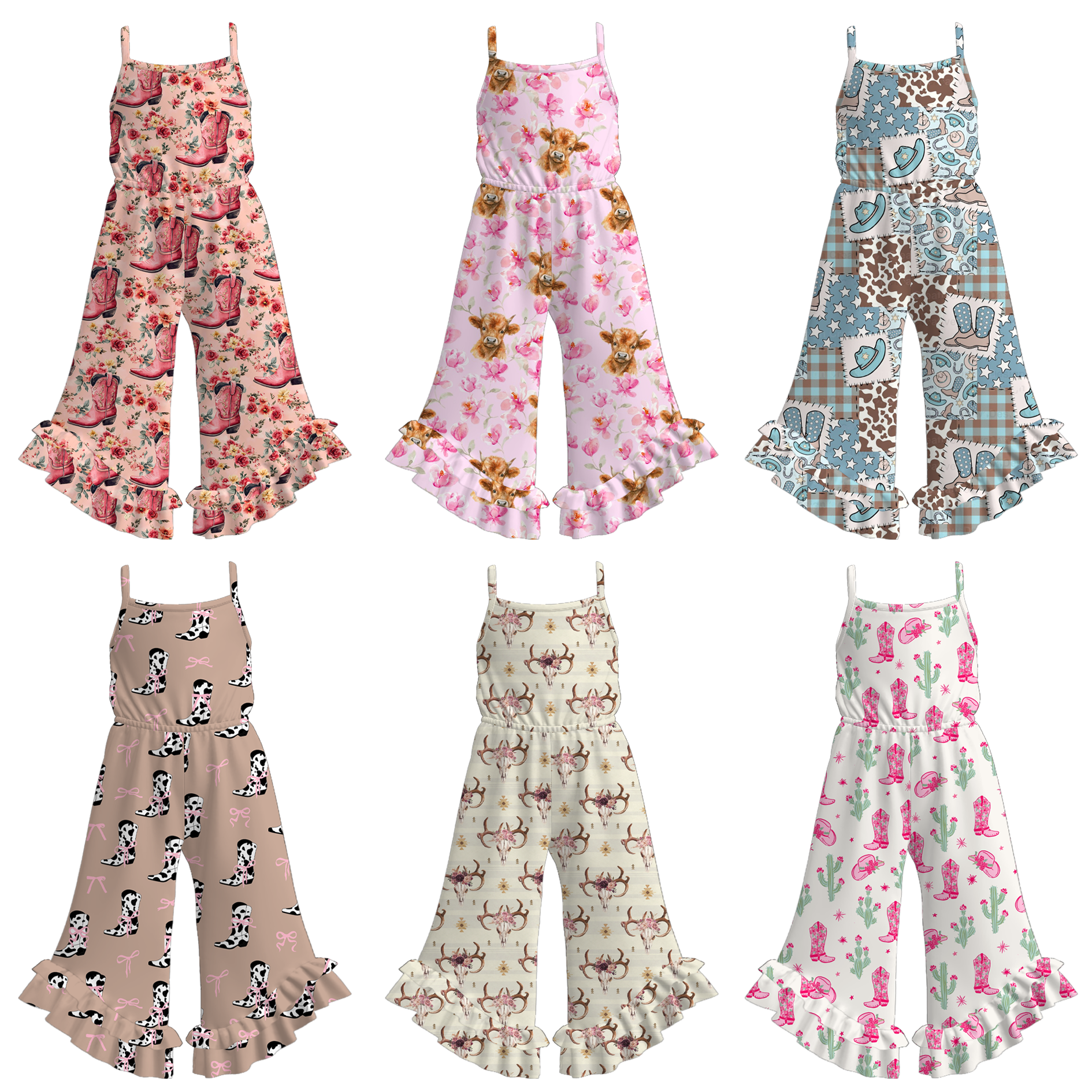 (Pre Order)Girls Spring and Summer Western Girl Print Jumpsuit