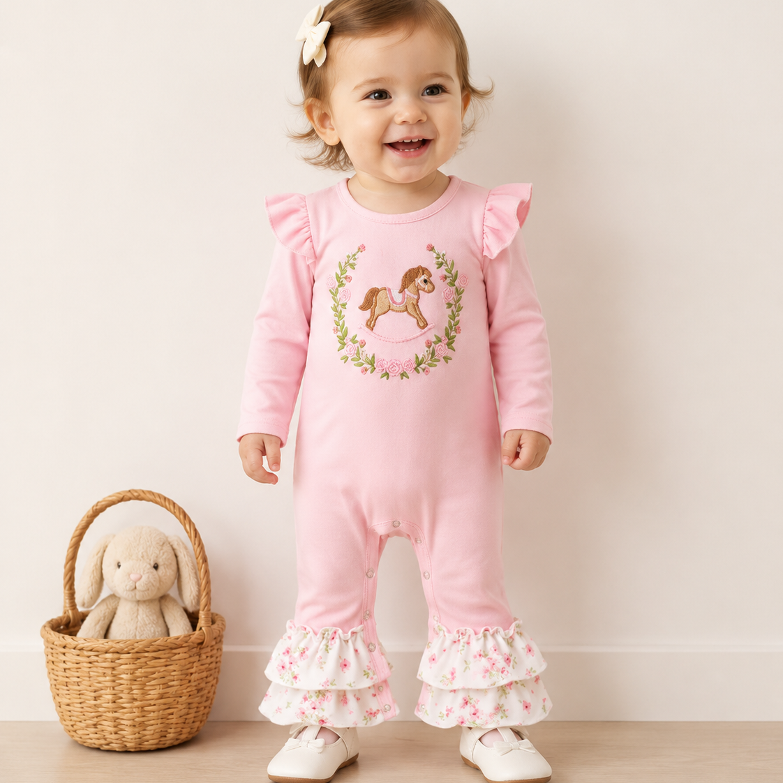 (In Stock)Toddler Girls Fall Rocking Horse Embroidery Cotton Romper
