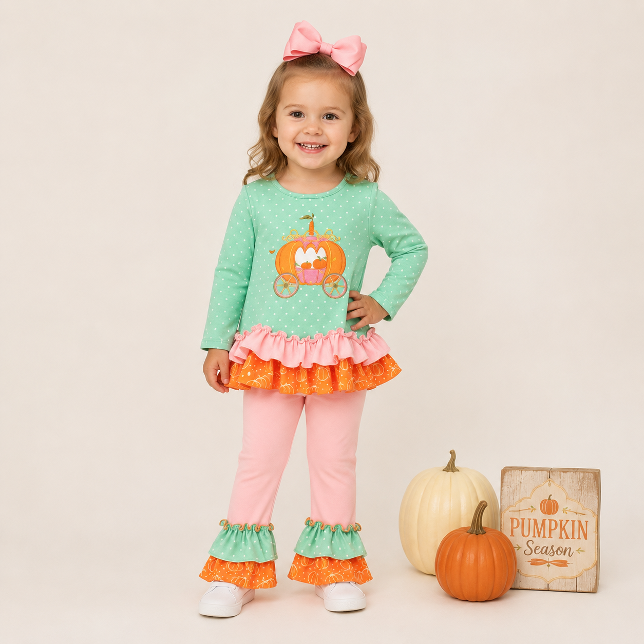 (In Stock)Girls Pumpkin Applique Outfit Set