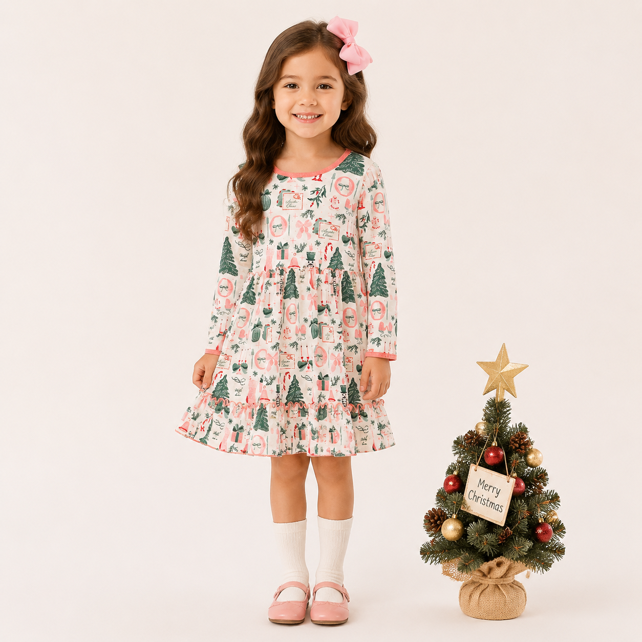 (In Stock)Girls Christmas Print Ruffle Dress